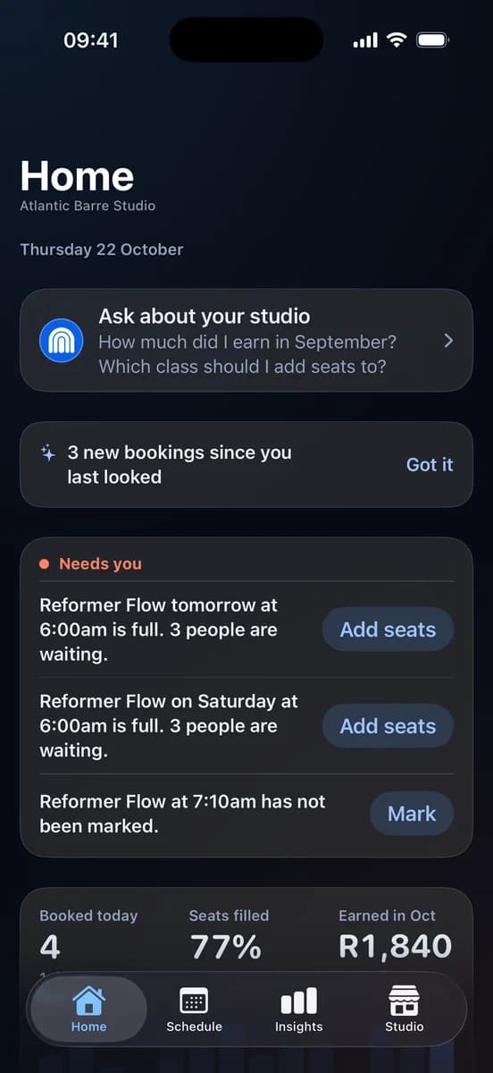 Home in the hoppir studio app for Atlantic Barre Studio on Thursday 22 October: Ask about your studio, 3 new bookings since you last looked, a Needs you card with two full Reformer Flow classes offering Add seats and one class to mark, then 4 booked today, 77% of seats filled and R1,840 earned in October.