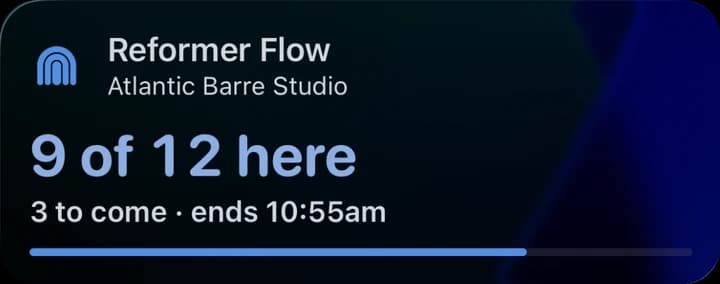 The hoppir studio Live Activity on the Lock Screen during Reformer Flow at Atlantic Barre Studio: 9 of 12 here, 3 to come, ends 10:55am, with a bar for the room filling up.