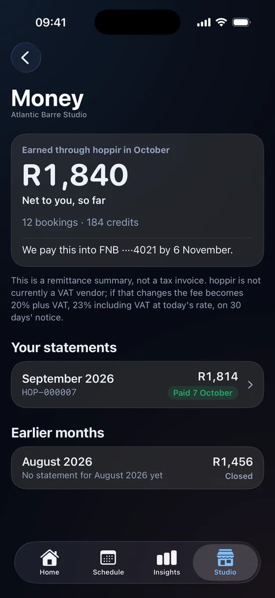 Money in the hoppir studio app: R1,840 earned through hoppir in October so far, net to you, from 12 bookings, paid into the studio's bank by 6 November; the September statement of R1,814, paid 7 October; and August below it.