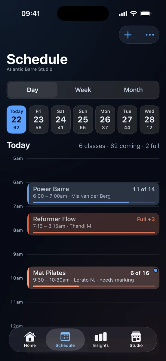 The Schedule tab on Thursday 22 October: the week ahead with how many are coming each day, and today's classes as coloured blocks, Power Barre 11 of 14, Reformer Flow full with 3 waiting, Mat Pilates 6 of 16 and needing marking.